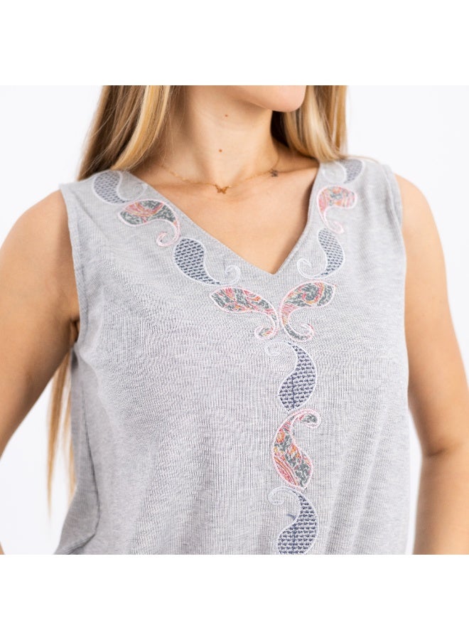 زيكوتكس  طقم بيجامة قطن مطرز بنمط تقليدي - ملابس منزلية من قطعتين بدون أكمام - قطن طبيعي خالص 100% - رمادي ميلانج - Image 2